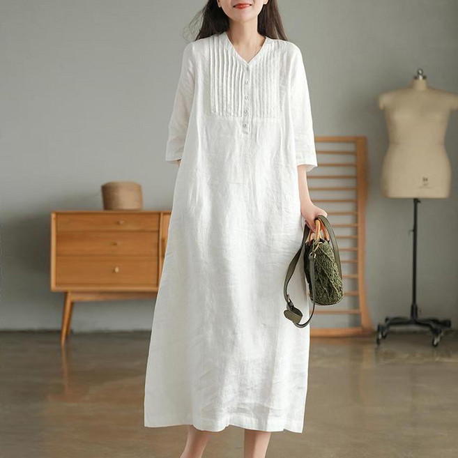 휠렉스 여성 면마 주름 패션 루즈핏 반팔 롱 원피스 YA32