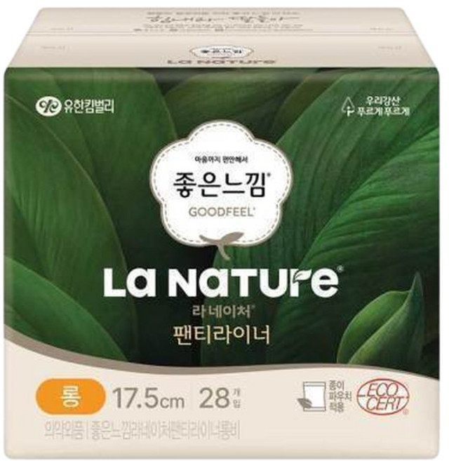 좋은느낌 라네이처 네이처백 팬티라이너 롱 28PX1팩/(17.5cm)/프리미엄생리대/유한킴벌리/BEST/착용감, 1개