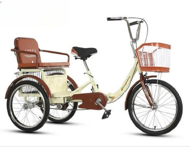 2인용 세발자전거 성인 노인 삼륜 2인승 트윈 바이크 동반 트라이크 인력거, 20인치 베이지(더블 체인)