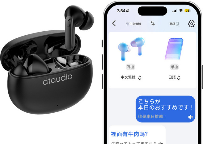 DTAudio 聆翔Q36 AI翻譯耳機 藍牙5.4 ANC ENC降噪 防水, 黑色, Q36-BLK-AI