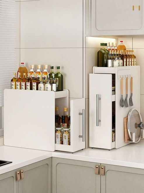 양념 수납장 정리대 조미료 틈새 슬라이딩 수납 진열장, 1개, 크림화이트 단층 43x20cm