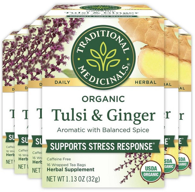 트래디셔널 메디셔널 툴시 앤 진저 생강차 허브티 16티백 6팩 Traditional Medicinals Organic Tulsi with Ginger Herbal Leaf Tea, 16개입, 6개