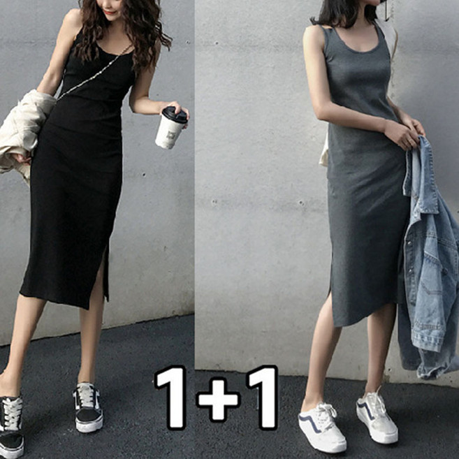 FANSYLI 1+1 나시 원피스 여성 여름 솔리드 심플 나시원피스 2P 섹시 슬림 트임 원피스 2종 세트 데일리 캐주얼 원피스 X2505M29