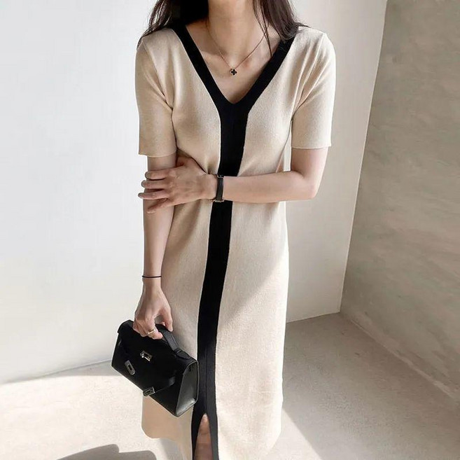 韓國chic夏季復古簡約V領拼接撞色收腰顯瘦短袖針織連衣裙女, 杏色【優質版 】,XL, 杏色
