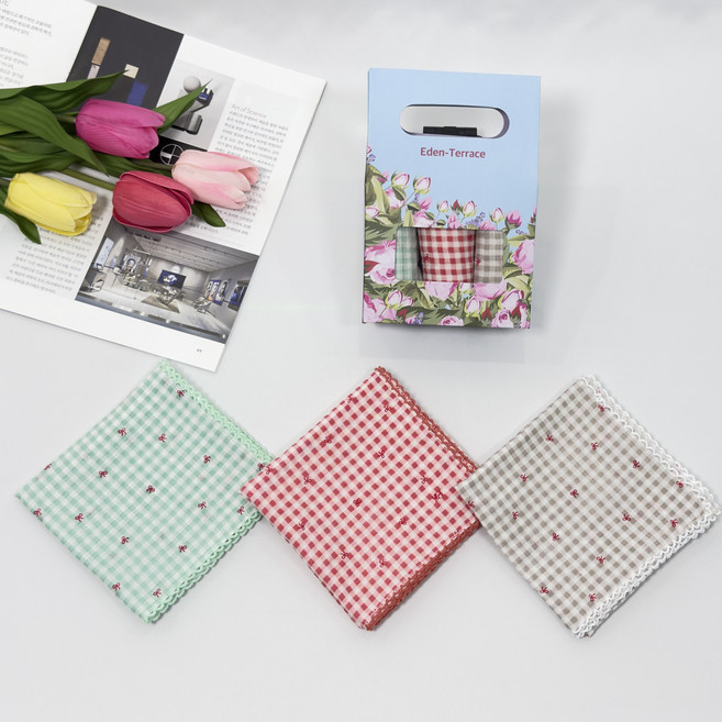 이든테라스 손수건 여성 쁘띠 스카프 3장 1셋트 (고급 선물 케이스 포장) 면80수 엠보 큐티 핀코트 F