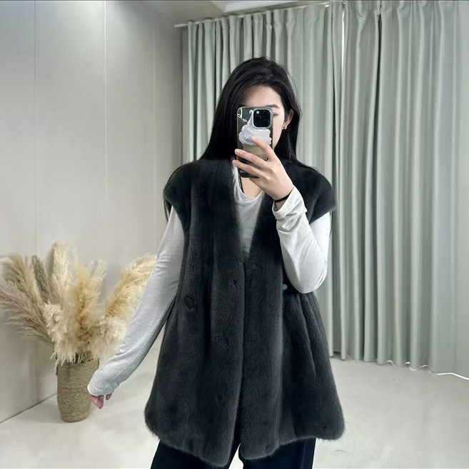 AOKADA 여성 가을 겨울 롱쪼끼 페이크 밍크 퍼 민소매 점퍼 베스트