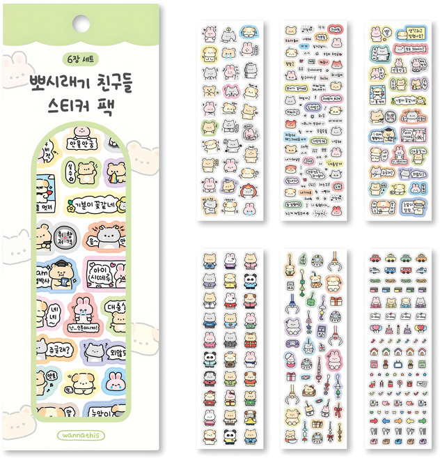 워너디스 뽀시래기 친구들 스티커 팩 6종 세트, 혼합 색상, 1세트