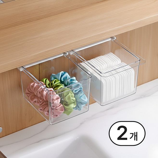 히스온 부착쏙 슬라이딩 히든 수납 서랍 정리함, 2개, 화이트 중형