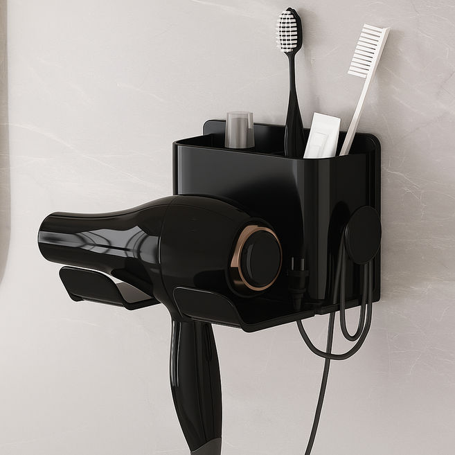 코지드 무타공 깊은 수납형 강력부착 헤어 드라이기 거치대, 1세트, 블랙