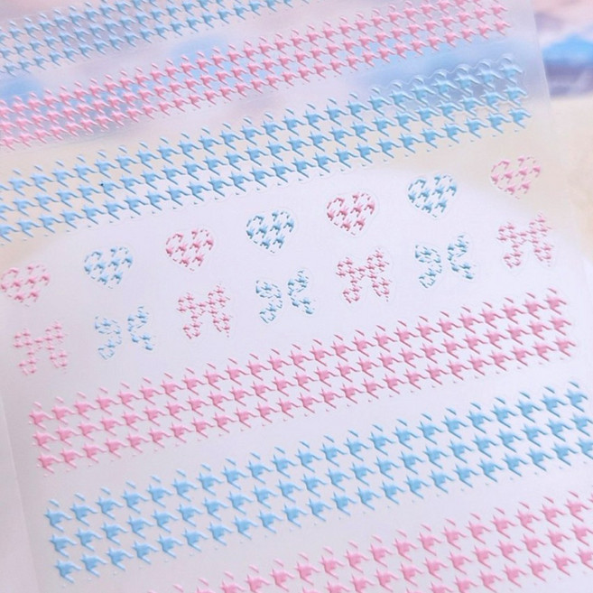 토모니 고급 네일 스티커 AF-12 하운드 투스 하트 리본 / 핑크 블루 체크 패턴, 1개, 단일