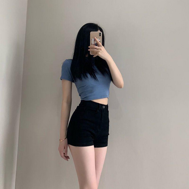 黑色高腰牛仔短褲 女 彈力顯瘦包臀熱褲