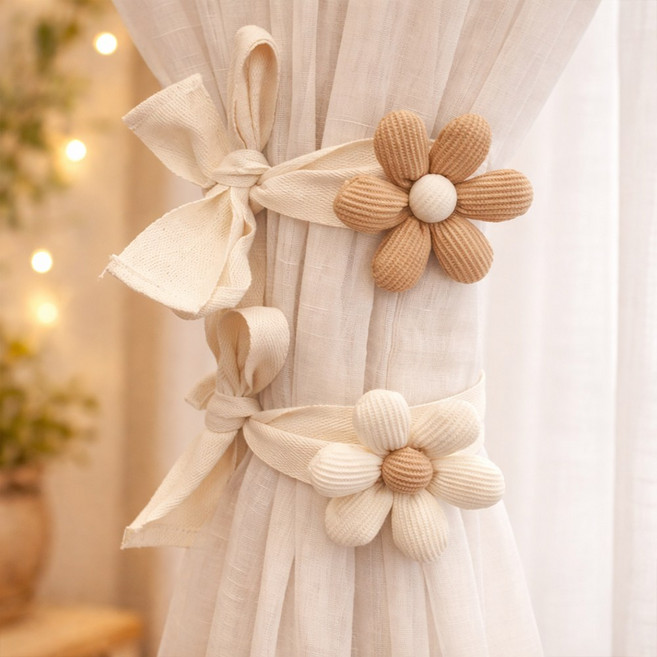 민아루 북유럽 인테리어 플라워 커튼 끈 2p, 베이지, 1개