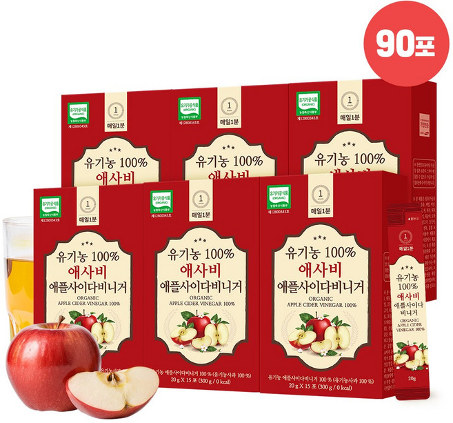 매일1분 100% 유기농 애사비 스틱 애플사이다비니거 사과식초, 90개, 20g