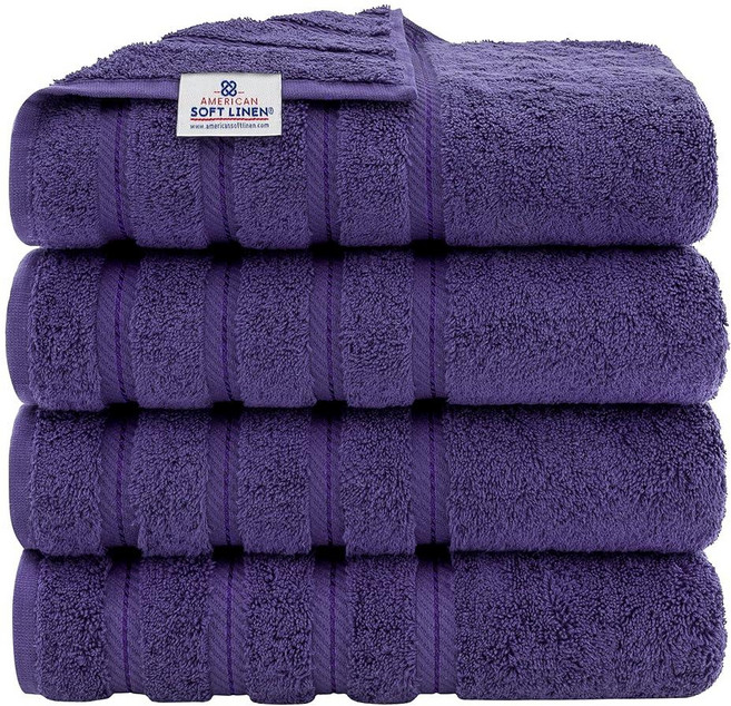 American Soft Linen 욕실용 럭셔리 수건 600 GSM 100% 면 4피스 터키산 워시 천 세트 몸과 얼굴용 33 x 33cm13 13인치 부드러운 걸레 라, 27x54" Bath Towel Set_155742, Violet Purple