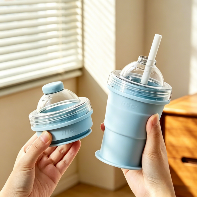 여름 실리콘 접이식 아이스하키 컵 가정용 하이볼 위스키 얼음틀휴대용 야외 빨대물병 325ml, 1개, 푸른 색