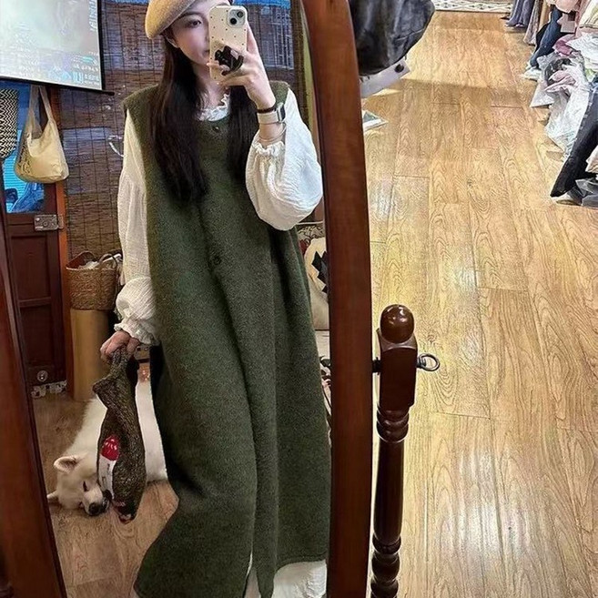 여성 롱 니트 조끼 원피스 여성 가을 겨울 플러스 사이즈 드레스 우아한 스타일 슬림핏 베스트 레이어드 드레스 LCL