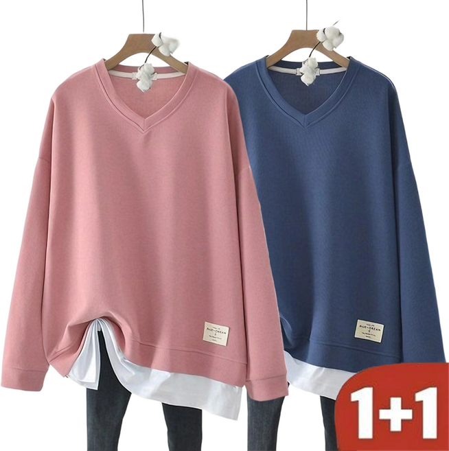 오스틱니 100kg까지 빅사이즈 1+1 날씬해보이는 레이어드 맨투맨 여성 봄 가을 편한 브이넥 무지 박스긴팔티 오버핏 박시핏 심플 이너 긴팔 티셔츠 간절기 외출코디 긴팔롱티 데일리