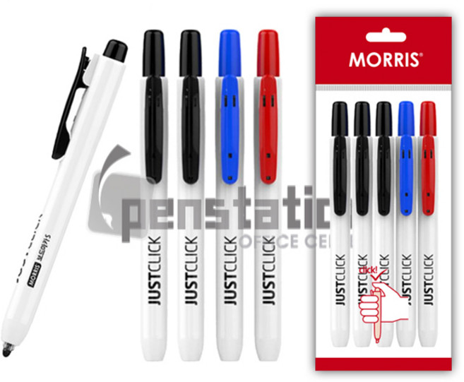 모리스 저스트클릭 노크식 보드마카 S 5개 세트(모리스 정품 블리스터 포장 케이스), 네임펜 S 블랙3개+블루1개+레드1개 세트