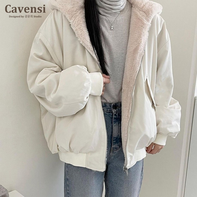 【Cavensi】北極絨毛雙面穿連帽外套 加絨保暖大尺碼羊羔毛大衣 防風