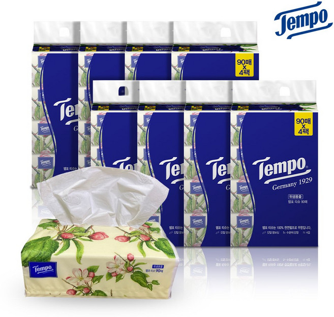 템포 소프트팩 미용티슈 4겹 화장지 먼지없는 휴지 고급각티슈, 90개입, 32개