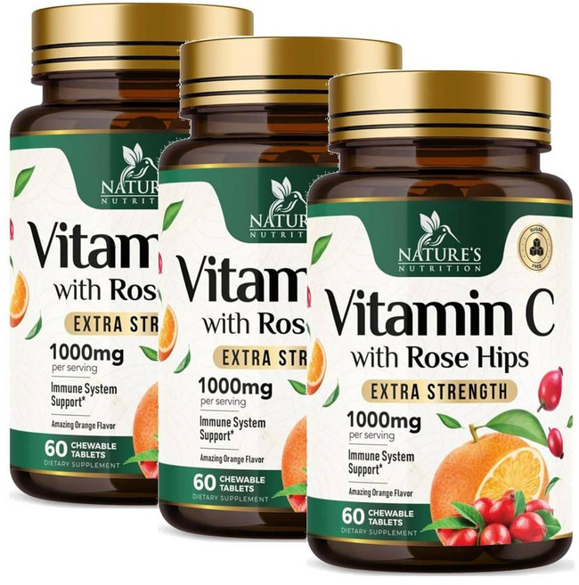 네이쳐뉴트리션 비타민C 1000mg 로즈힙 츄어블 Nature's Nutrition Vitamin C Rose HIPS, 3개, 60정