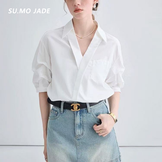 SU.MO JADE 여성 브이넥 반팔 셔츠