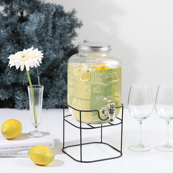 크린리빙 와이어 쥬스 음료 워터 디스펜서 카페 유리 물병 4L, 1개, 1개