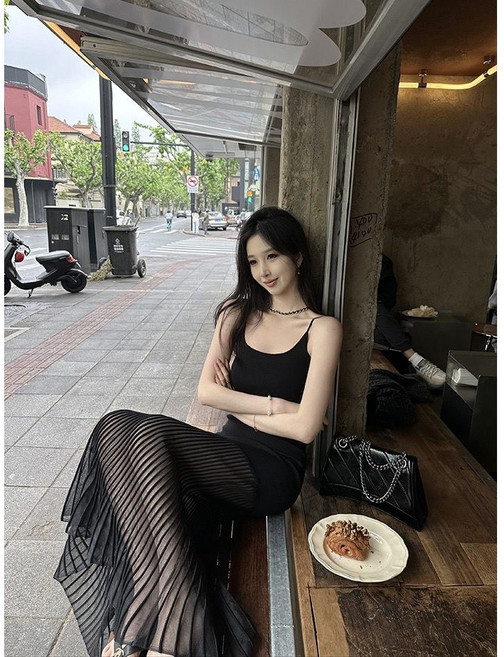 여성 원피스 여름 미디 나시 허리 조임 머메이드 롱스커트 플리츠 스커트 니트 원피스