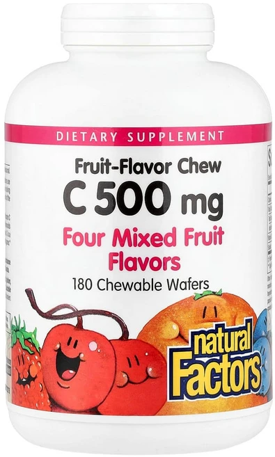 내추럴팩터스 비타민C 500mg 츄어블 180개 웨이퍼 천연과일맛 비건 아스코르브산, 1개, 180정 - 쿠팡