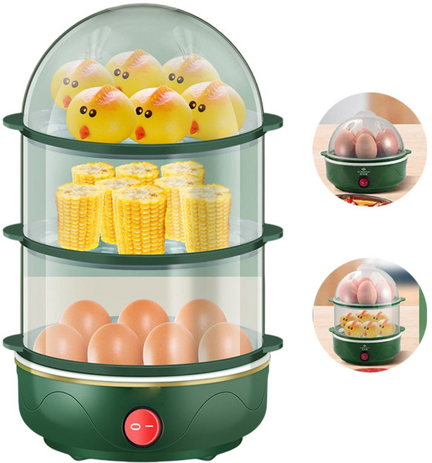 계란찜기 3단 다용도 에그 쿠커 반숙, 초록색