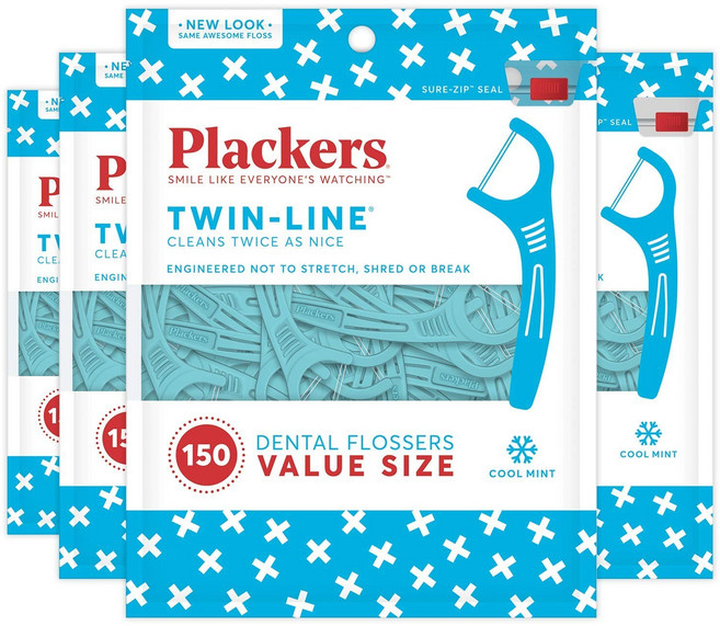 Plackers 플랙커스 트윈 라인 치실 150개입 4팩 Twin Line Dental Floss Picks, 4개