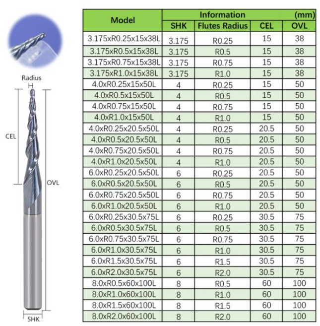1Pcs D6mm HRC55 볼 노즈 엔드 밀 솔리드 카바이드 코팅 테이퍼 콘 CNC 밀링 커터, 04 R2.0x30.5xD6x75L
