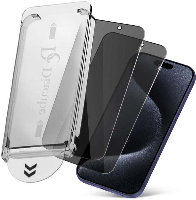 다이아큐브 아이폰15프로 사생활보호 9H 강화유리 초간단 원터치 먼지완벽제거 셀프 부착 키트 (저지문/풀커버/케이스 호환) 액정보호필름 2P, 2개