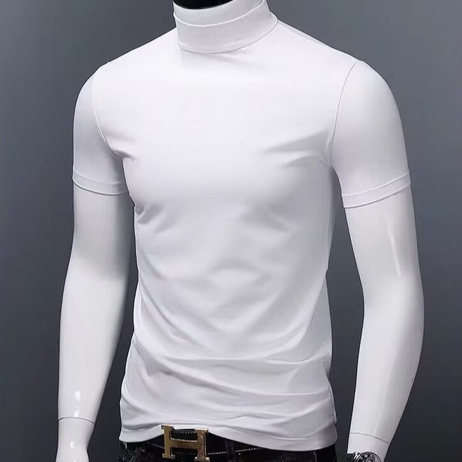 男士大尺碼短袖中高領純色修身韓版打底衫【M-5XL】