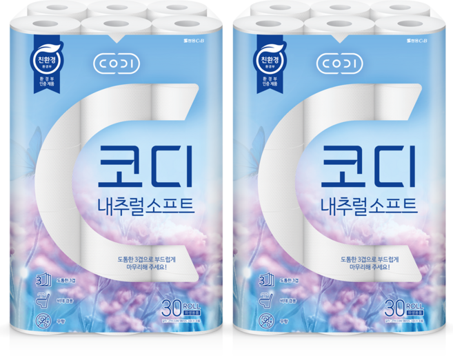 코디 내추럴소프트 3겹 롤화장지, 27m, 30롤, 2개