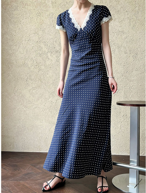 스타일닥터 여성 봄 여름 블루 레이스 빅 도트 원피스 브이넥 슬림 롱 원피스