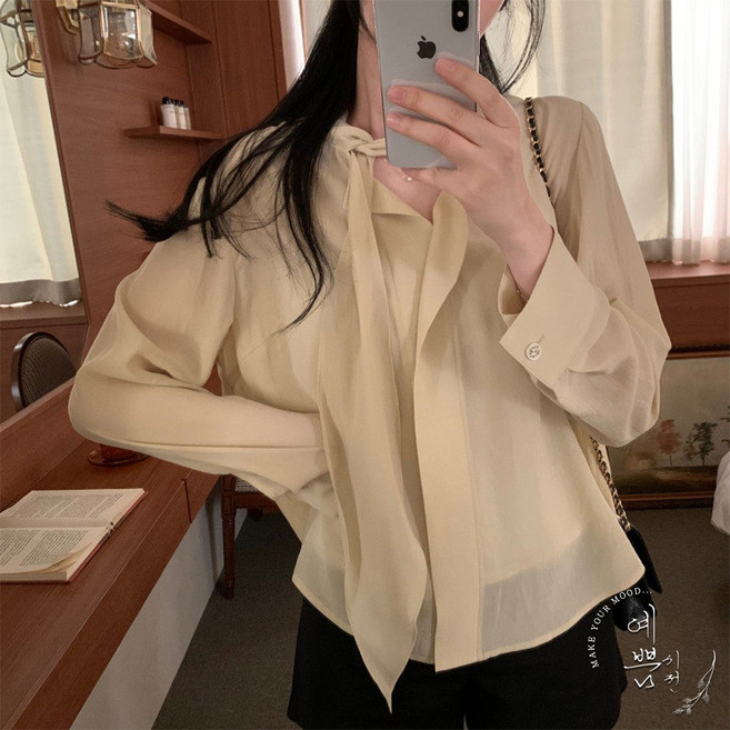 예쁨시전 청순 무드 봄 간절기 하객 정장 쉬폰 리본 타이 긴팔 블라우스