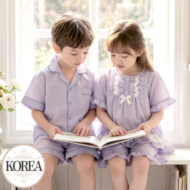 체크 면 아동 잠옷 남매룩 파자마 퍼플