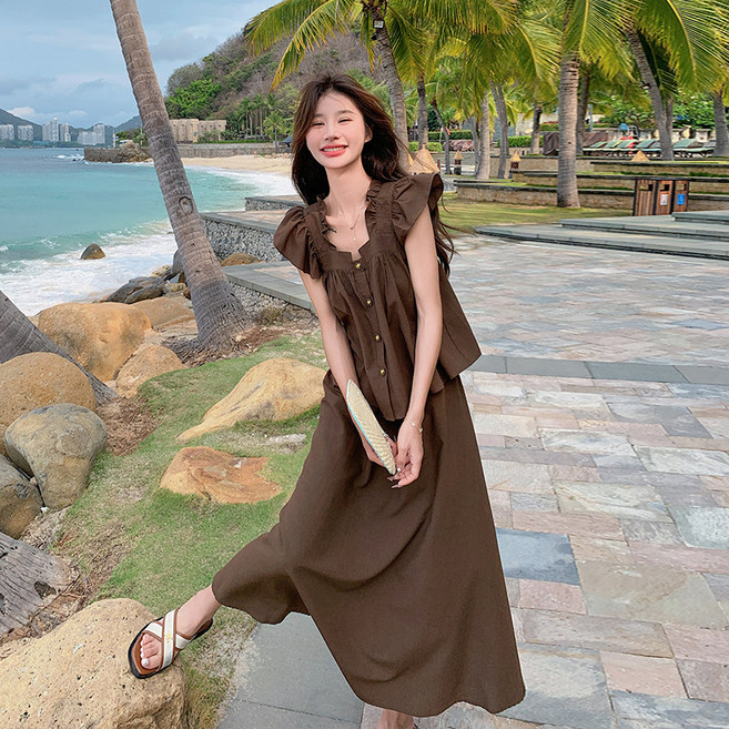 여름 여성 투피스 세트 데일리룩 치마 투피스 하객룩 롱 스커트 세트 캐주얼 휴양지룩 투피스 치마세트