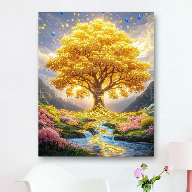 보석십자수 캔버스형 40x50cm 보석 비즈 십자수 DIY키트 원형비즈 3D 대형 장식용 그림, T07 돈나무, 1개