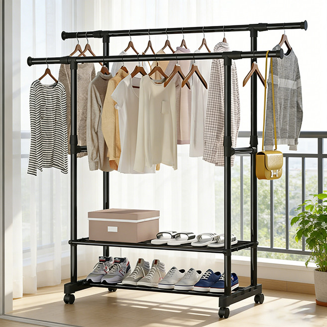 호밍사이 2단 튼튼한 이동식 행거 대용량 수납 선반 길이 조절 가능 철제 스탠드 옷걸이, 블랙
