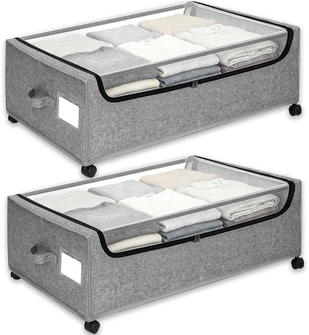 바퀴가 달린 침대 보관함 투명 뚜껑 및 라벨이 있는 보관 용기 아래 2팩 옷 신발 책을 위한 XXXL 85L 11인치 메탈 서랍 회색, 11 inch height
