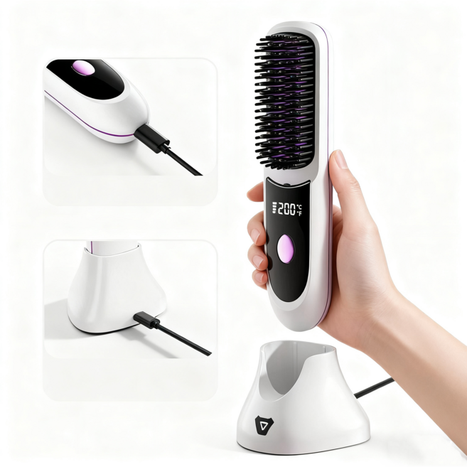 QUZO 무선 빗고데기 휴대용 음이온 스트레이트 빗 3단계 온도조절 매직기, 흰색