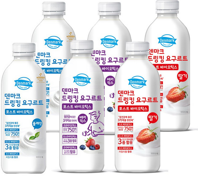 동원 덴마크 드링킹요구르트750mlX6개(플레인2+딸기2+베리믹스2), 단품, 750ml