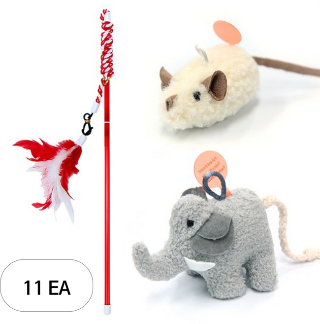 더캣 고양이 쥬크루 흥미유발 반응형 리얼사운드 깃털 낚시대 + 쥐돌이 + 코끼리 인형 세트, 랜덤발송(깃털낚시대), 11세트