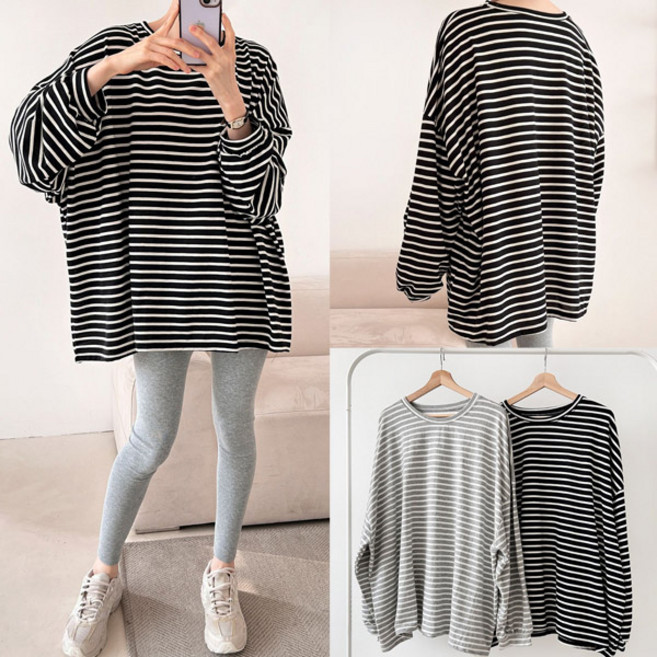 빅사이즈여성의류 비비 단가라 박스 긴팔티 오버핏 스트라이프 롱티셔츠 봄가을 미니원피스