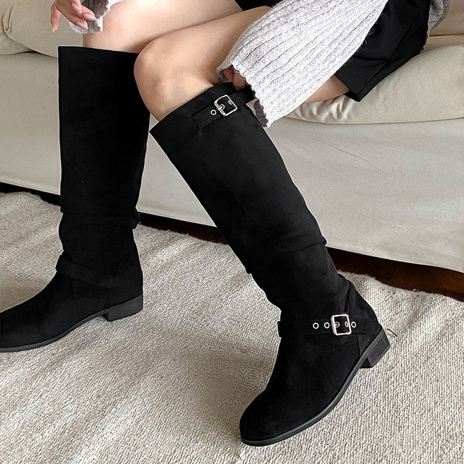 꼼지락 여성용 스웨이드 웨스턴 바이커 롱 부츠