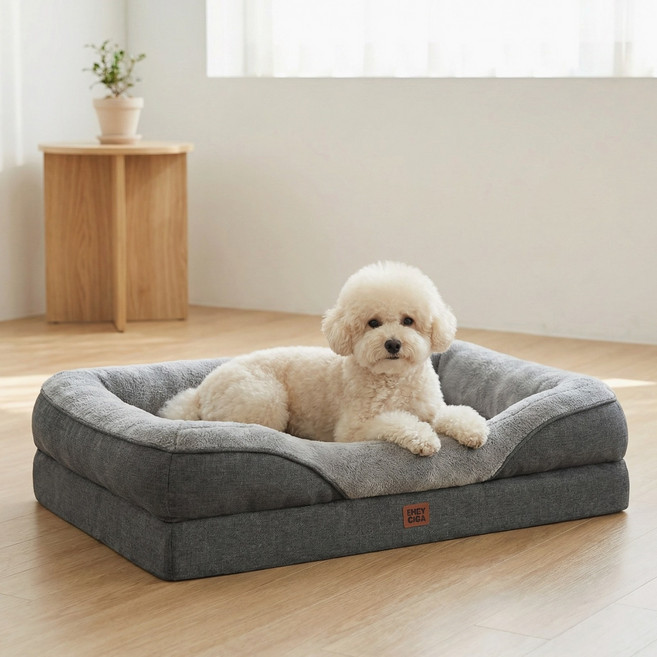 EHEYCIGA 메모리폼 함유 정형외과 사방테두리 반려견 강아지방석 사계절용 푹신한 편안한 반려견 소파, 1개, 진회색