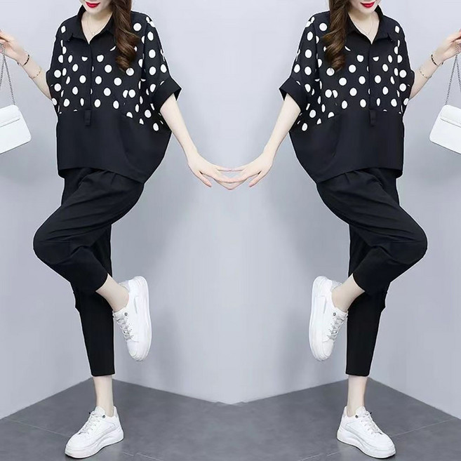 지고다그 여성 도트 반팔 블라우스 밴딩 팬츠 세트 여름 캐주얼 투피스 빅사이즈 YZH72608