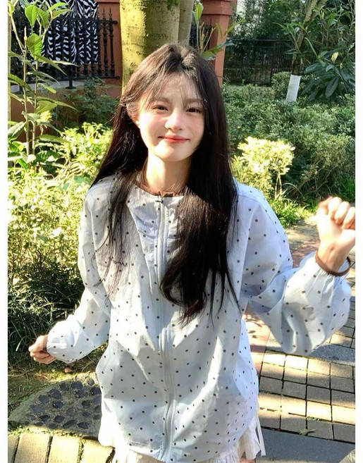 韓系休閒波點防曬衣女春夏運動開衫薄外套, 淺藍色,S 建議80-100斤